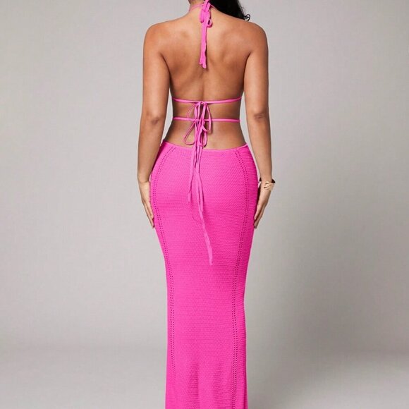 Hot Pink Sexy Women's Crochet Deep V-Neck Hollow Slit Mid-Length Dress - Picture 2 of 8